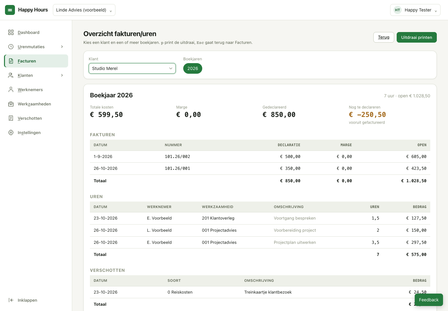 Overzicht fakturen/uren